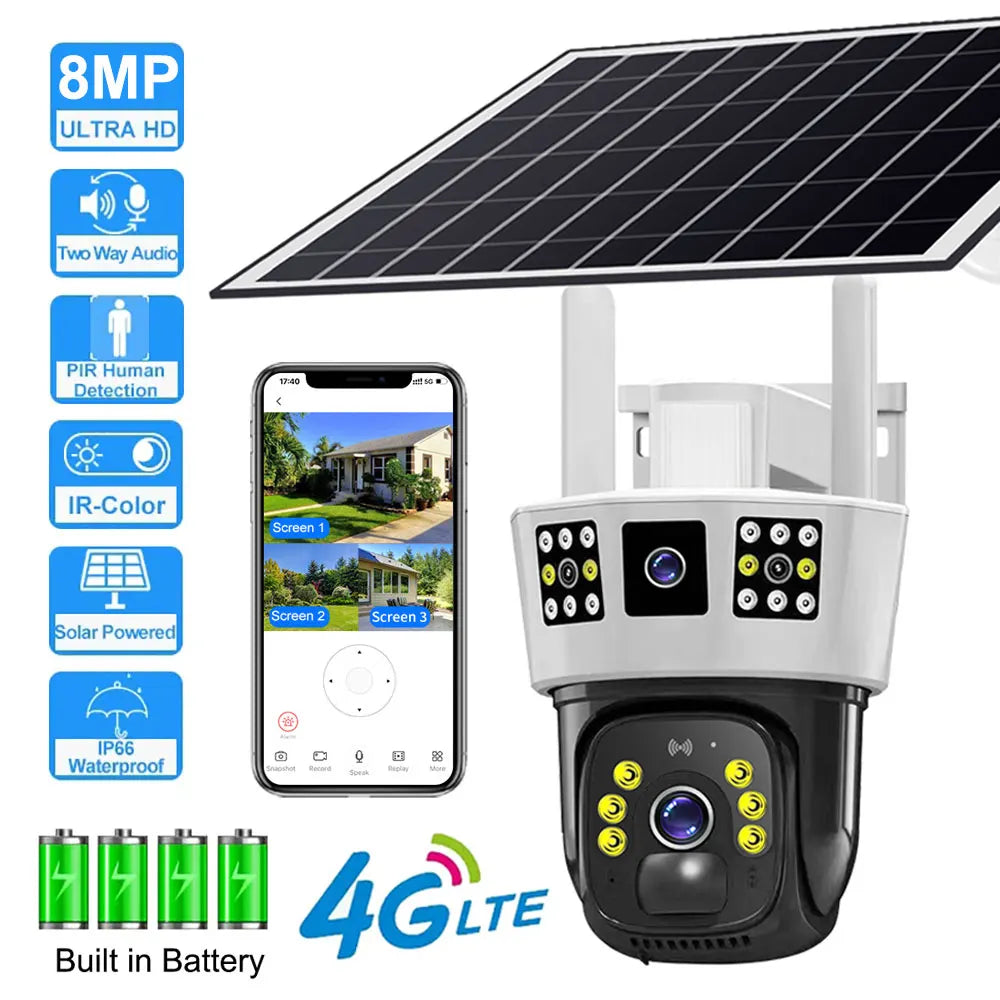 8MP Solar 4G Camera Outdoor Waterproof IP Camara Three Screens Night Vision Built in 8000mah Battery CCTV Surveillance Monitor